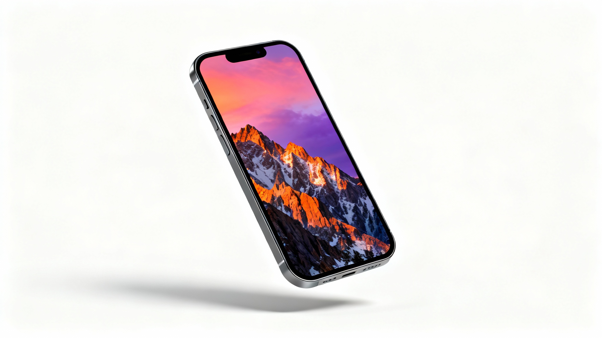 A mockup of a modern iPhone displaying a beautiful sunrise mountain landscape as its lock screen wallpaper, presented against a clean white background.
