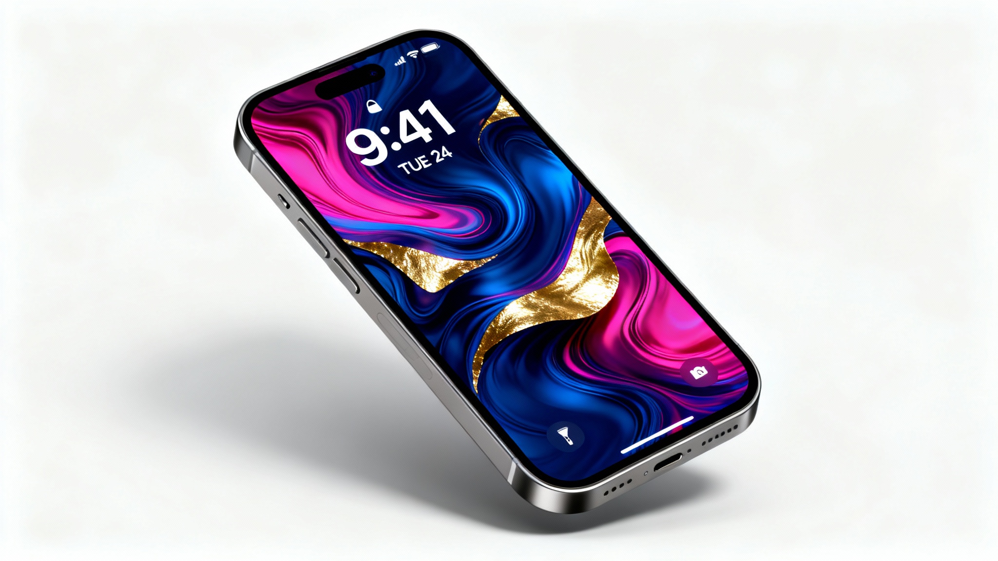 A photorealistic mockup of a modern titanium smartphone on a white background, displaying a vibrant abstract wallpaper of indigo, magenta, and gold swirls on its lock screen.