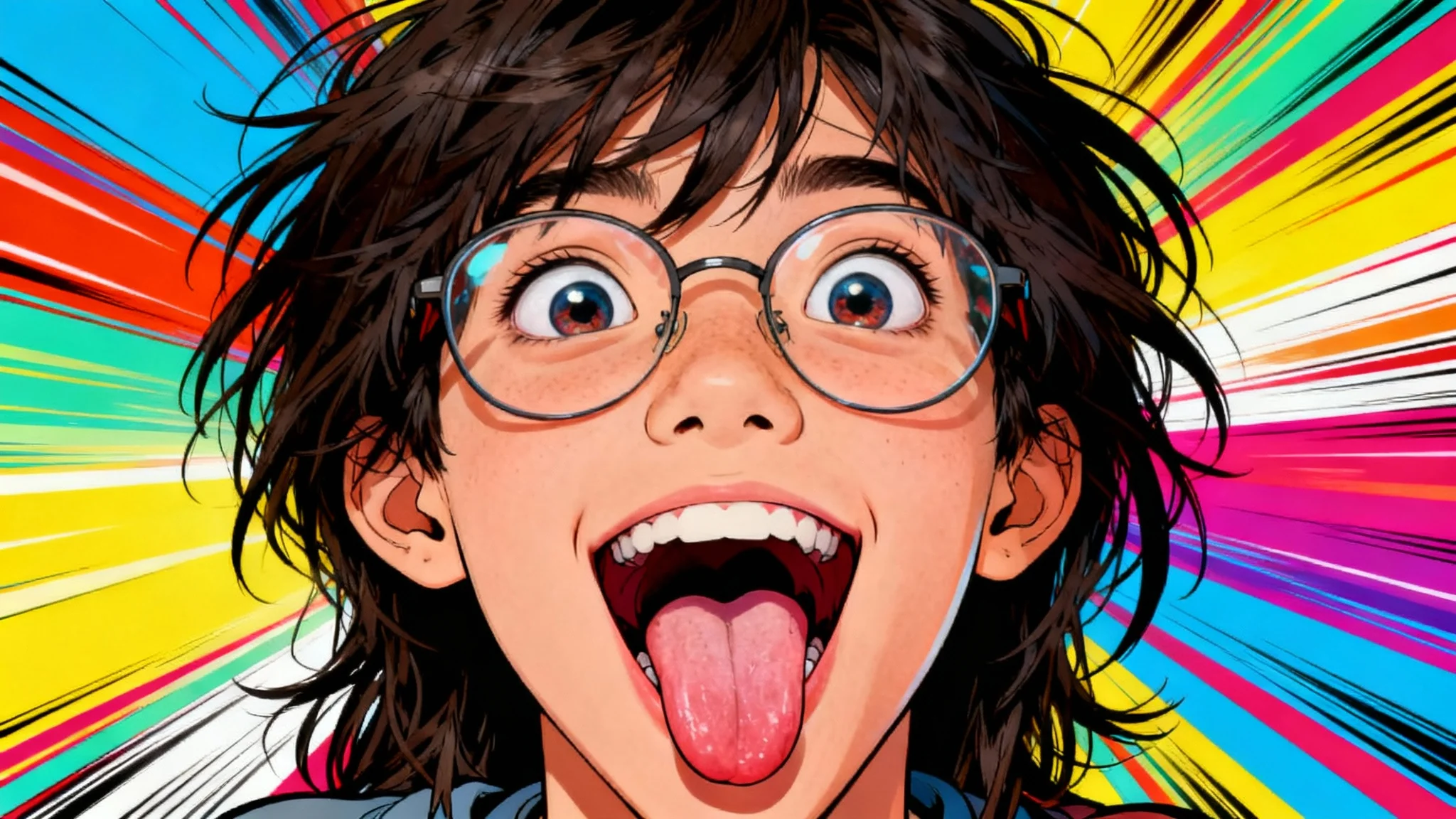 A close-up photo of a person with glasses and dark hair that has been humorously edited to have giant cartoonish eyes and a widely stretched mouth, set against a vibrant, colorful background.