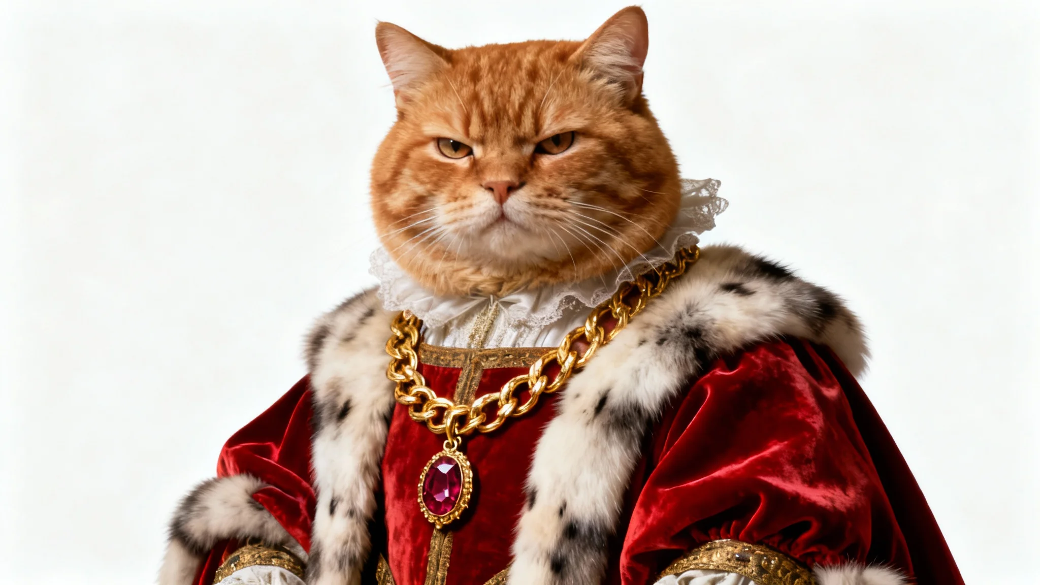 A funny edited photo of a grumpy ginger cat's head on the body of a king in royal robes, set against a white background.