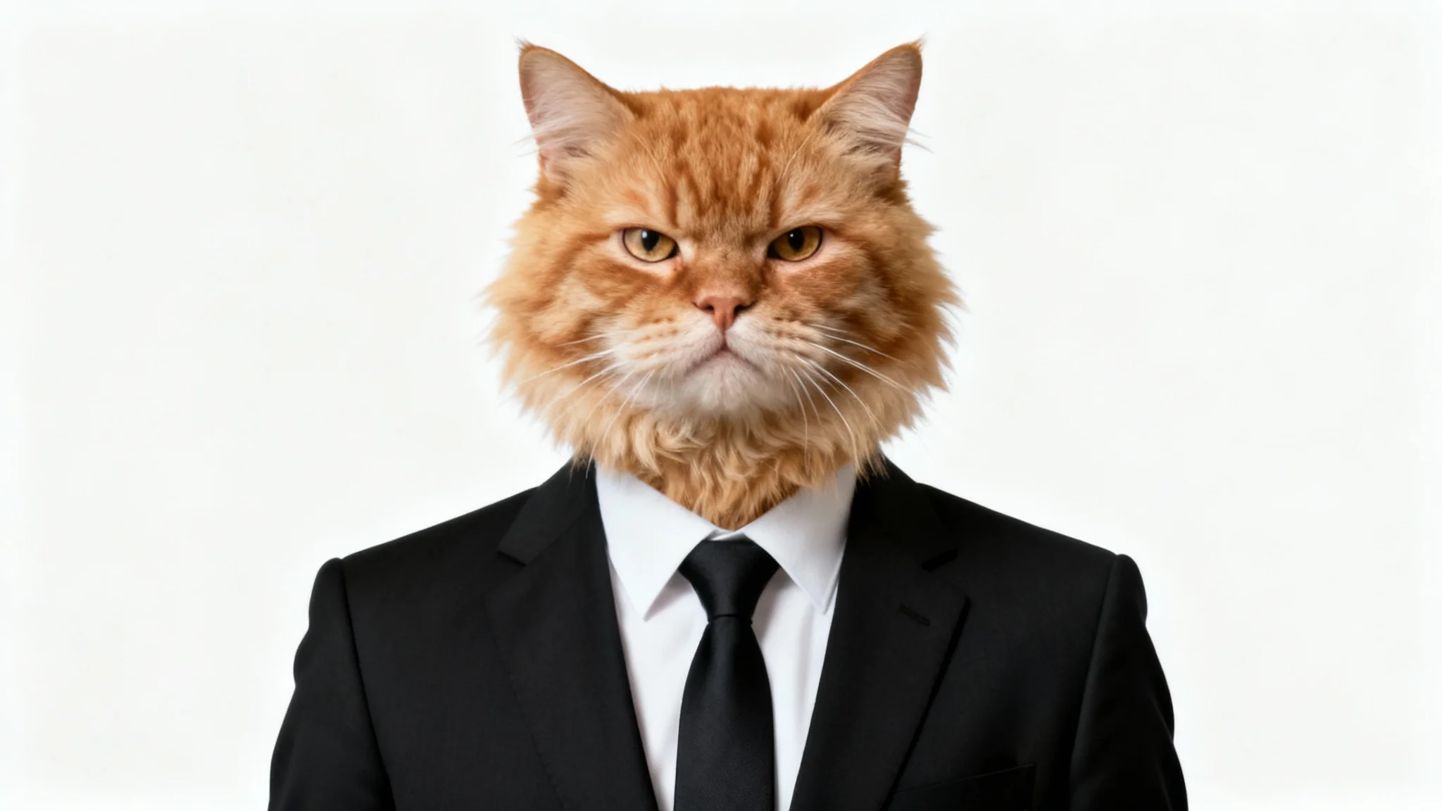 A humorous photo edit depicting a person in a business suit with the head of a grumpy ginger cat, presented as a professional headshot against a plain white background.