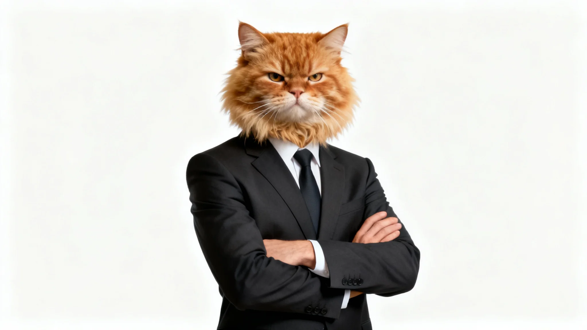 A funny photo edit of a person in a business suit with the head of a grumpy cat, standing against a plain white background.