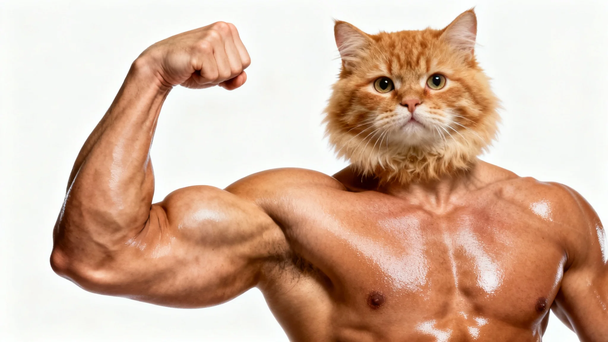 A humorous example of funny photo editing, showing the head of a confused ginger cat digitally placed on the muscular body of a flexing bodybuilder, all against a plain white background.