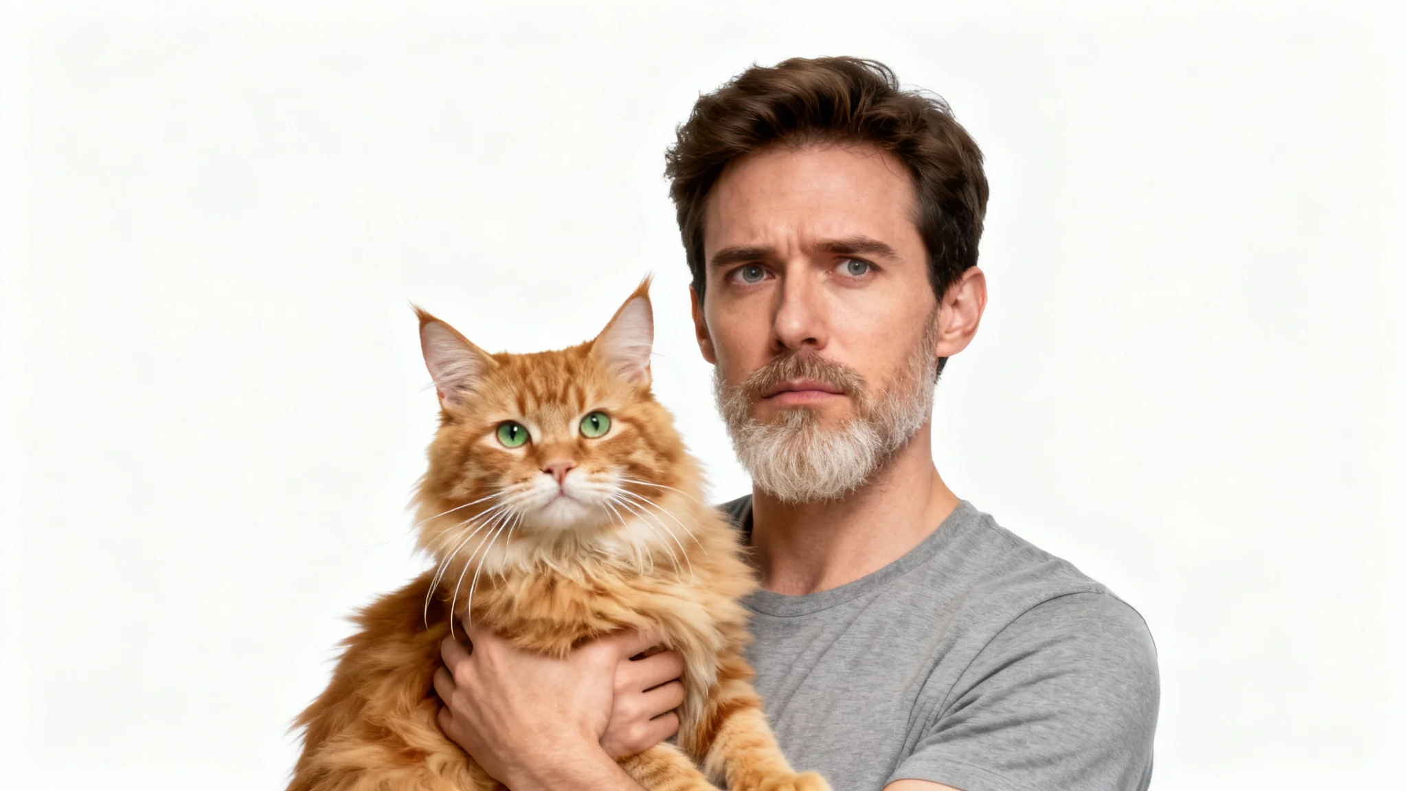 A funny edited photo showing a man holding his cat, where the man's head has been swapped with the cat's head, and the cat has the man's face.