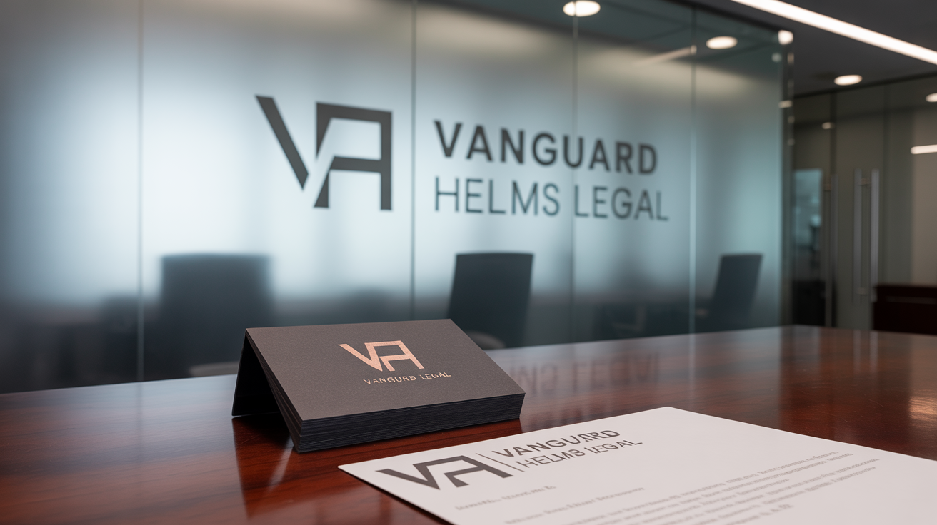 A professional branding mockup for a modern law firm, 'Vanguard Helms Legal', showcasing its minimalist logo on a business card, letterhead, and an office wall.