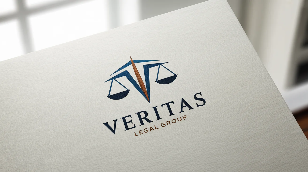 A modern logo for 'Veritas Legal Group' mocked up on white paper. The logo features a navy and bronze abstract scales of justice icon above the firm's name in an elegant serif font.