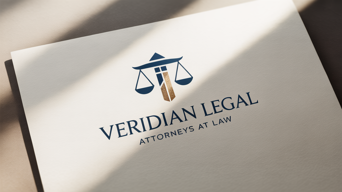 A modern and professional logo for a law firm named 'Veridian Legal, Attorneys at Law', featuring a navy blue and gold icon on a textured off-white background.