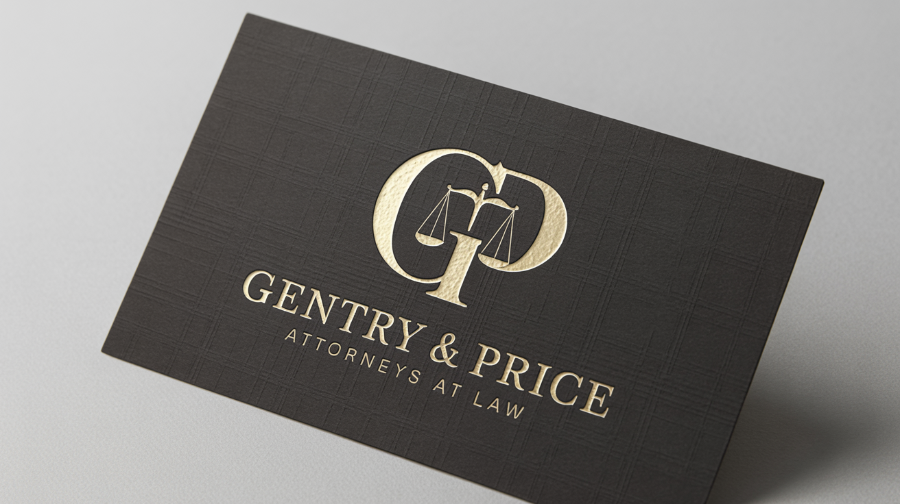 A close-up of a modern law firm logo for 'Gentry & Price' embossed in matte gold on premium dark charcoal paper, set against a white background.