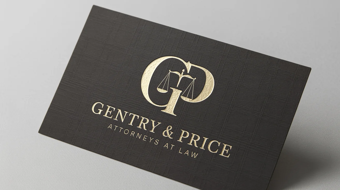 A close-up of a modern law firm logo for 'Gentry & Price' embossed in matte gold on premium dark charcoal paper, set against a white background.