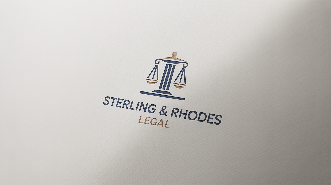 A modern logo for the fictional law firm 'Sterling & Rhodes Legal', featuring a gold and navy blue icon of scales and a pillar, presented on a white background.
