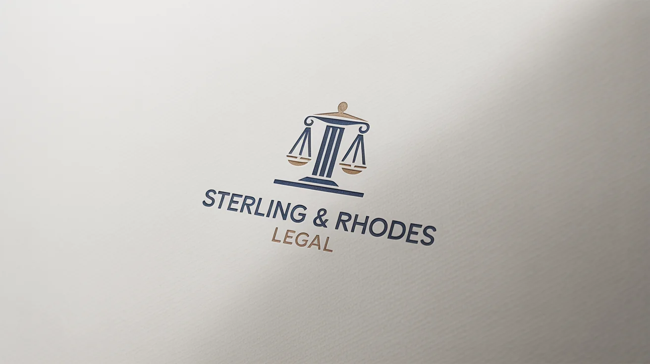 A modern logo for the fictional law firm 'Sterling & Rhodes Legal', featuring a gold and navy blue icon of scales and a pillar, presented on a white background.