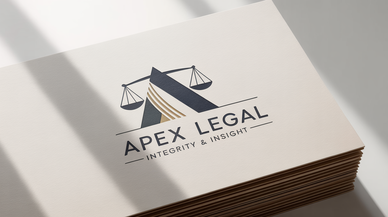 A modern logo for a law firm named 'APEX LEGAL', featuring a geometric design combining the letter 'A' and scales of justice, presented on a business card mockup against a white background.