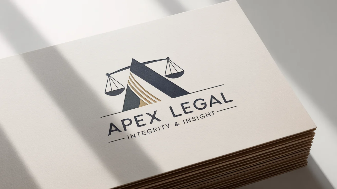 A modern logo for a law firm named 'APEX LEGAL', featuring a geometric design combining the letter 'A' and scales of justice, presented on a business card mockup against a white background.