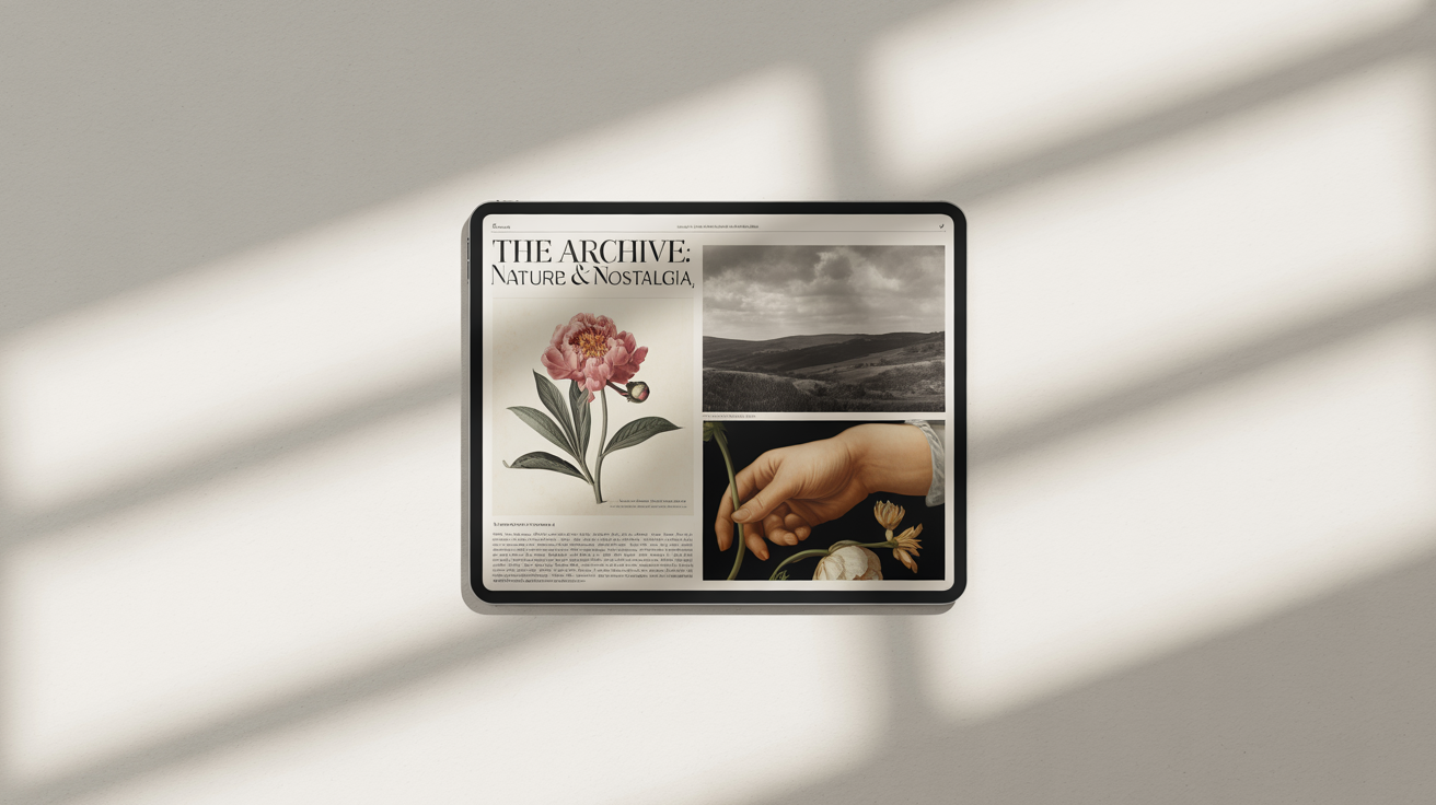 A tablet on a white surface displays a professionally designed digital magazine layout featuring a mix of public domain images like vintage botanical art and historical photos, showcasing a polished final product.