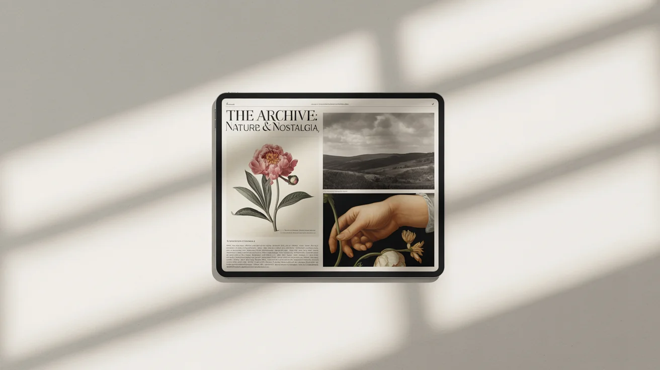 A tablet on a white surface displays a professionally designed digital magazine layout featuring a mix of public domain images like vintage botanical art and historical photos, showcasing a polished final product.