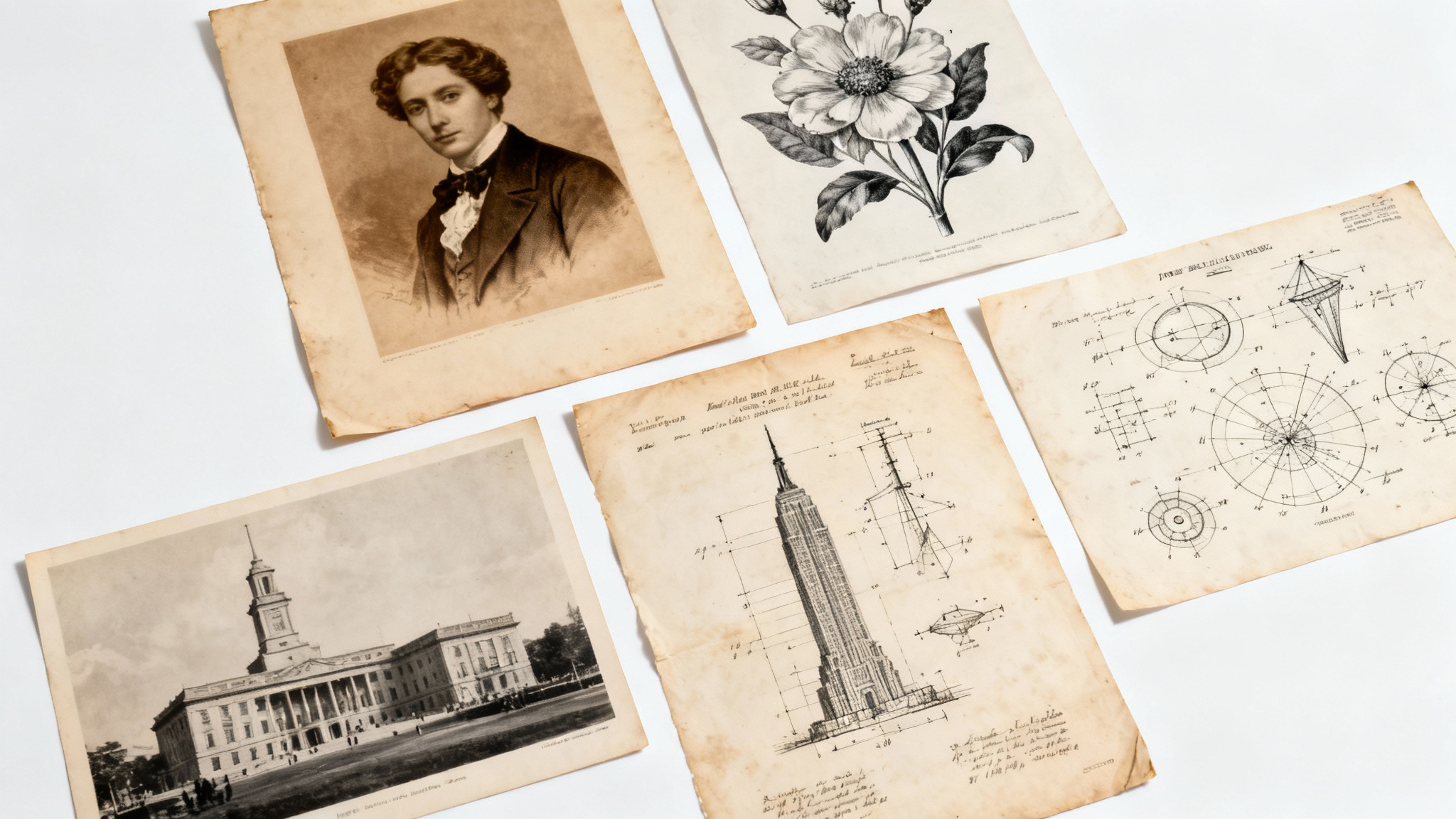 A collection of vintage public domain images, including a portrait, a botanical drawing, and an architectural photo, arranged neatly on a white surface.