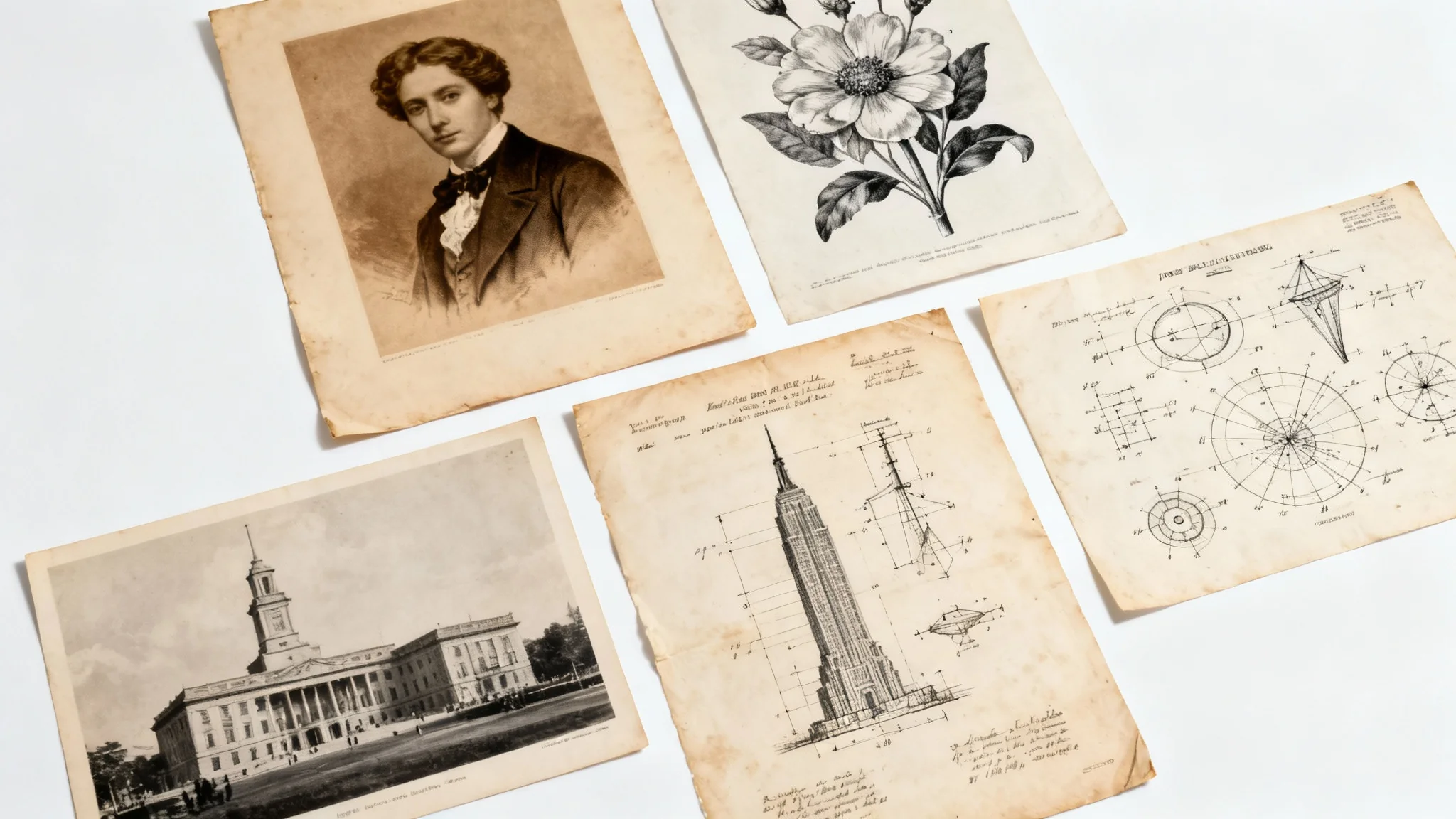 A collection of vintage public domain images, including a portrait, a botanical drawing, and an architectural photo, arranged neatly on a white surface.