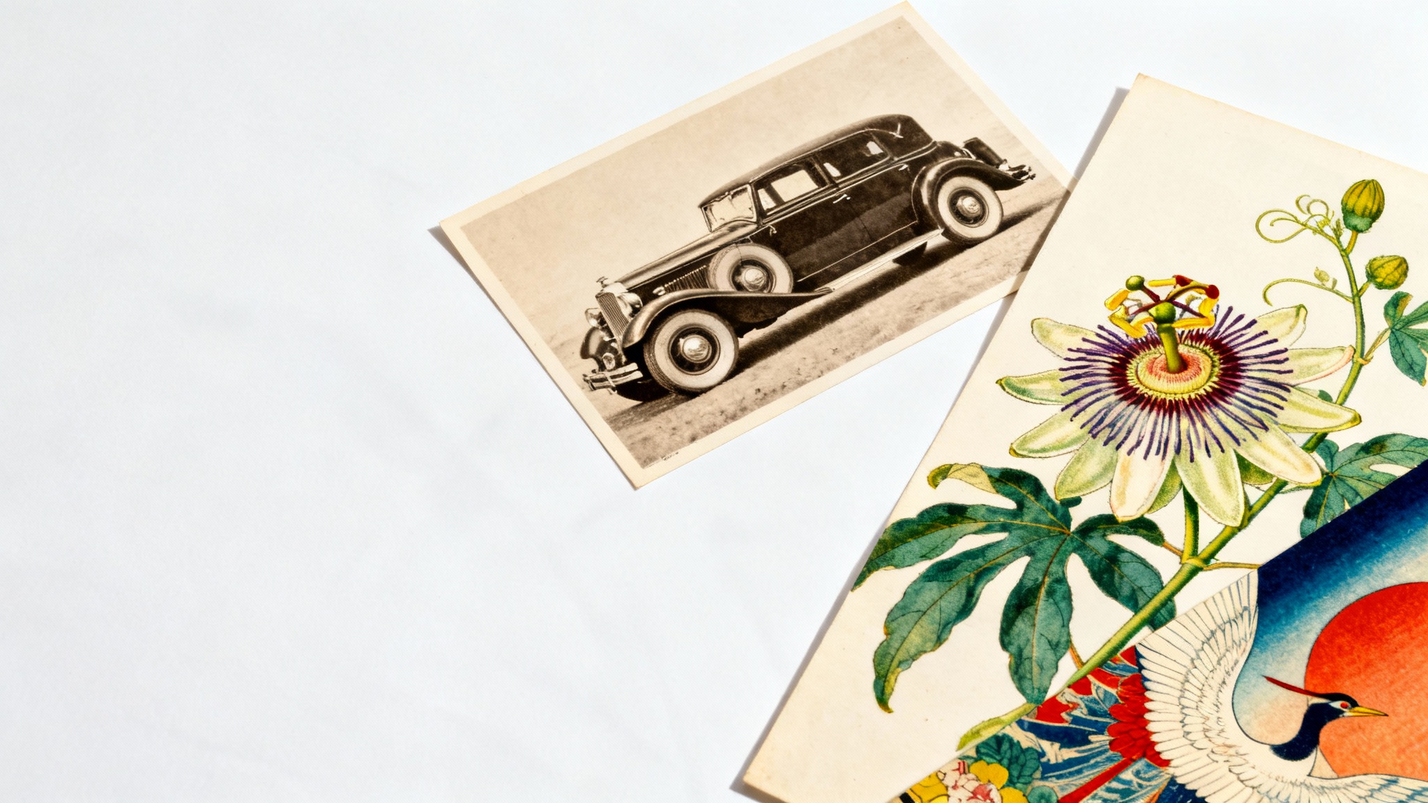 A curated flat lay of diverse public domain images, including a vintage car photo, a botanical drawing, and a Japanese art print, all arranged on a clean white background.