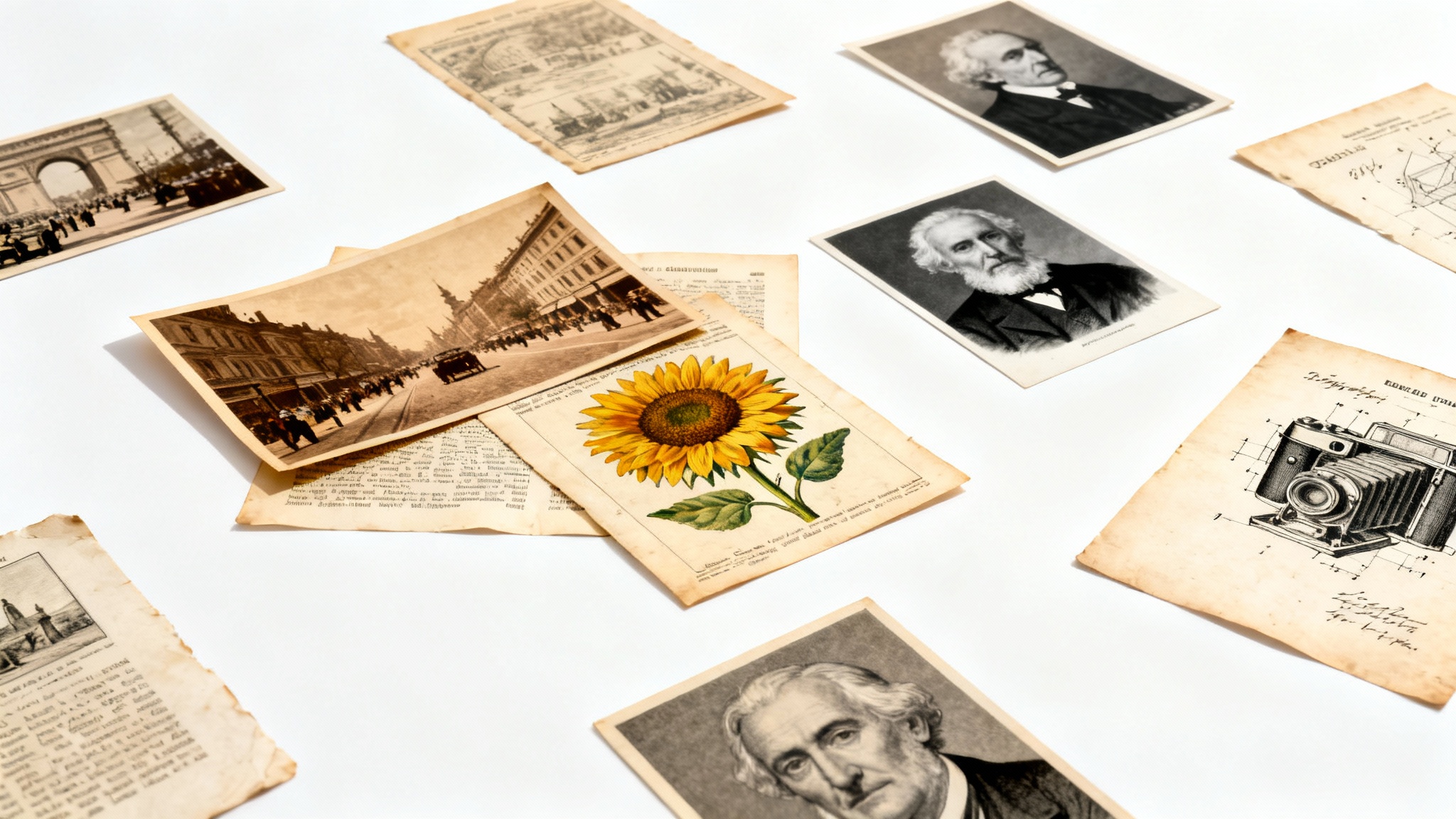 A flat lay of various vintage public domain images, including old photographs and scientific illustrations, arranged on a clean white background, representing free-to-use visual content.