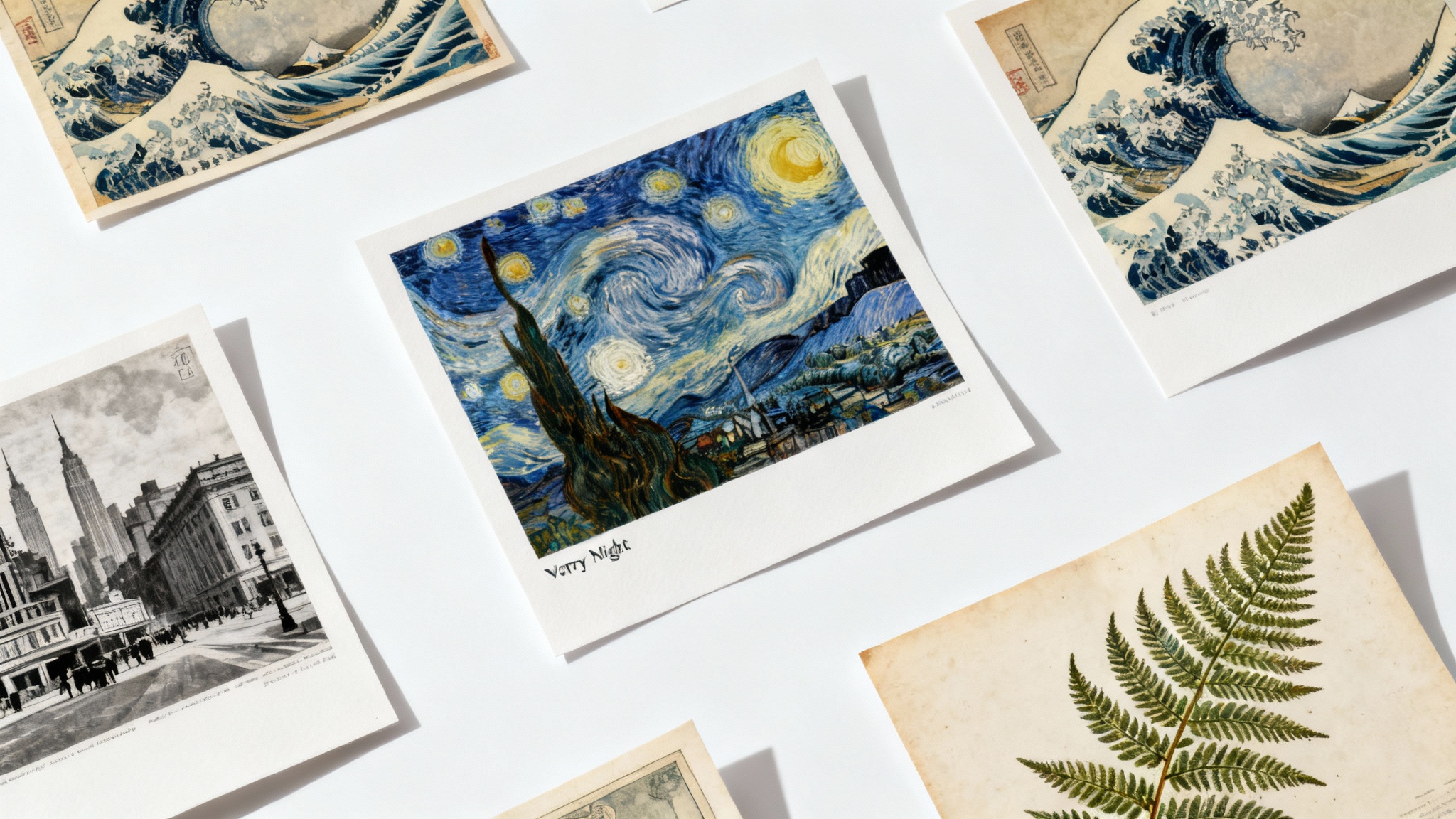 A curated collection of prints showcasing famous public domain artworks like 'Starry Night' and 'The Great Wave,' arranged neatly on a white background to represent a library of public domain images.