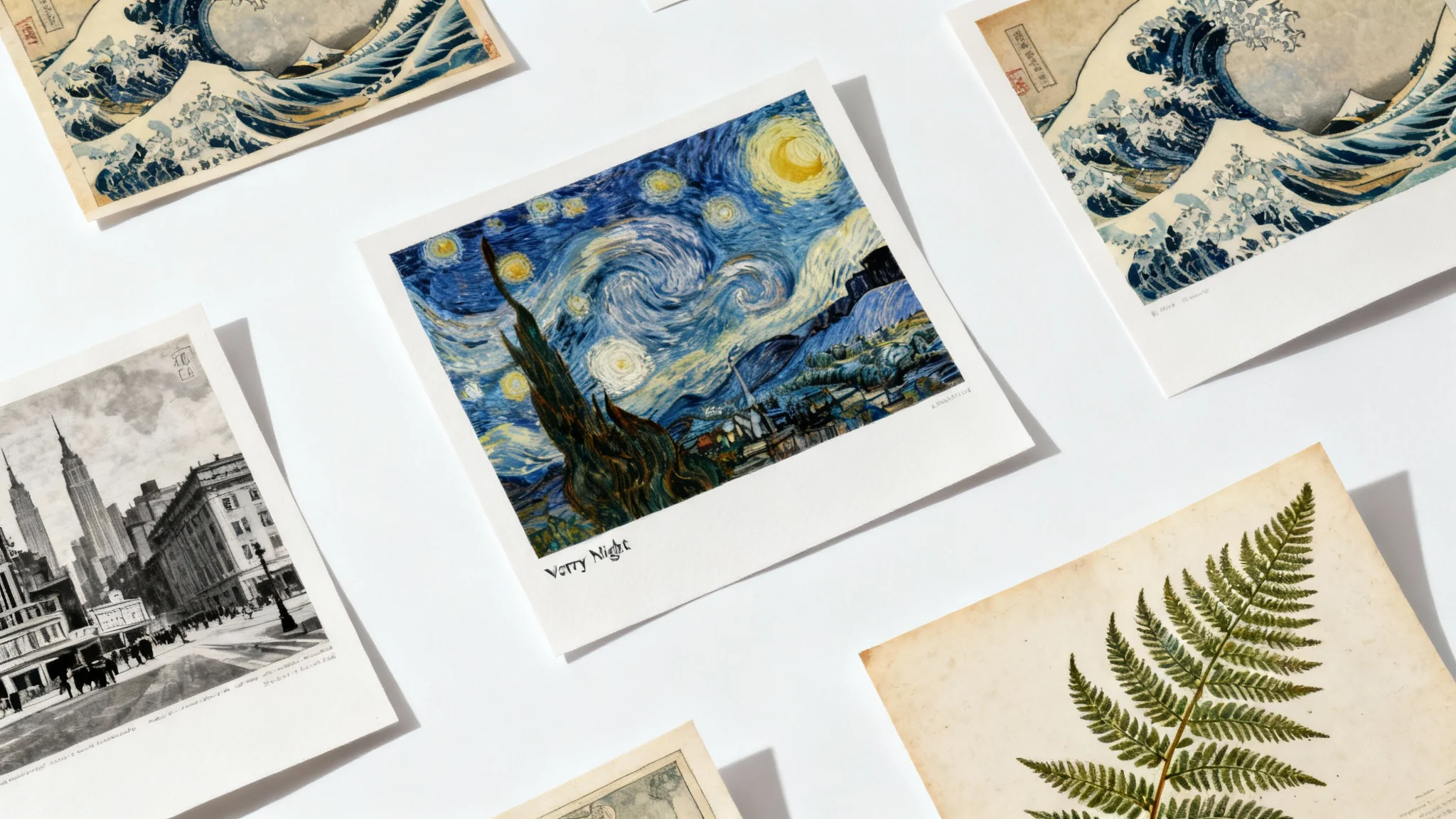 A curated collection of prints showcasing famous public domain artworks like 'Starry Night' and 'The Great Wave,' arranged neatly on a white background to represent a library of public domain images.