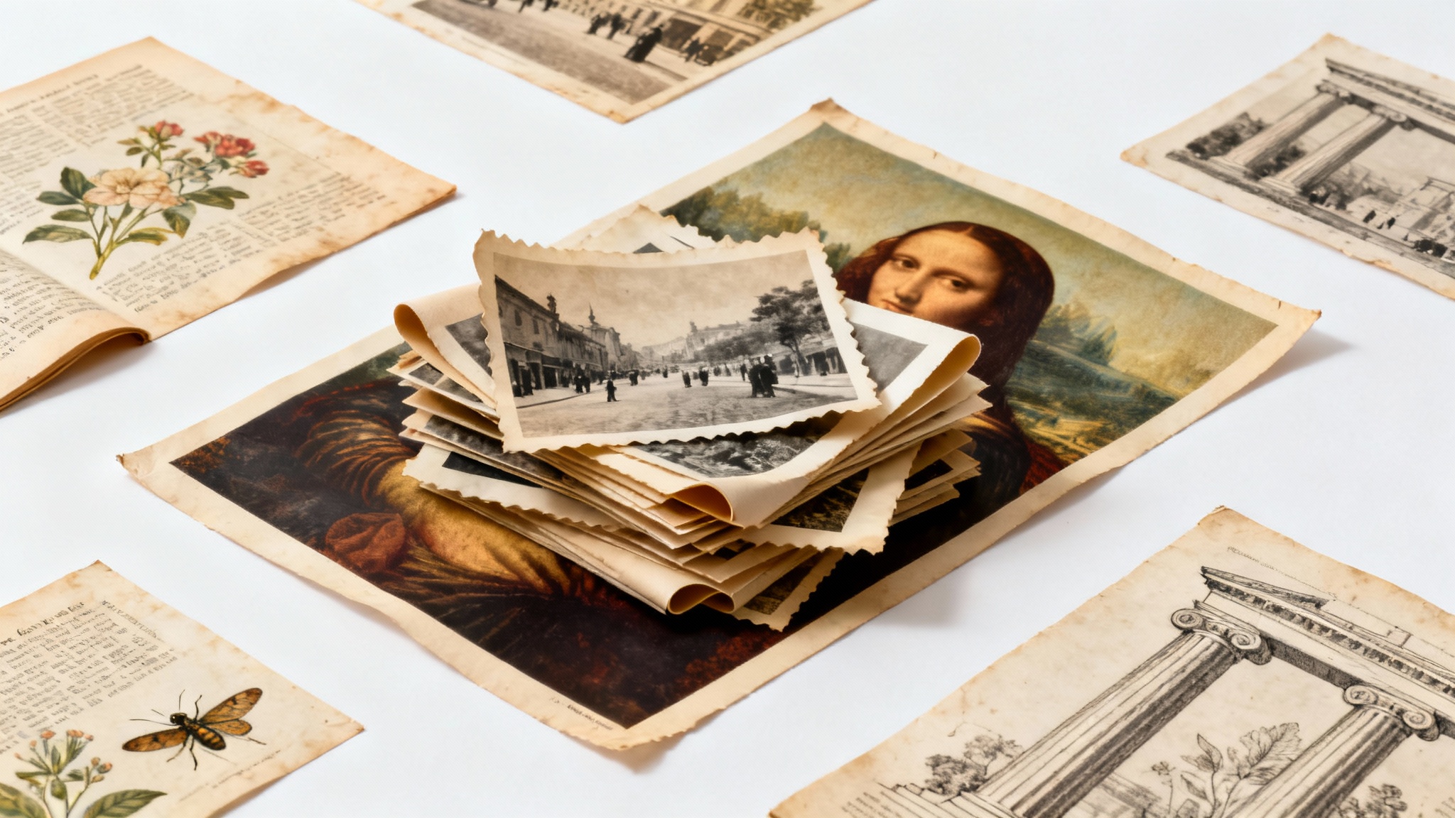 A collection of vintage public domain images, including old photographs, botanical illustrations, and a classic painting, arranged neatly on a white background to represent a vast historical archive.