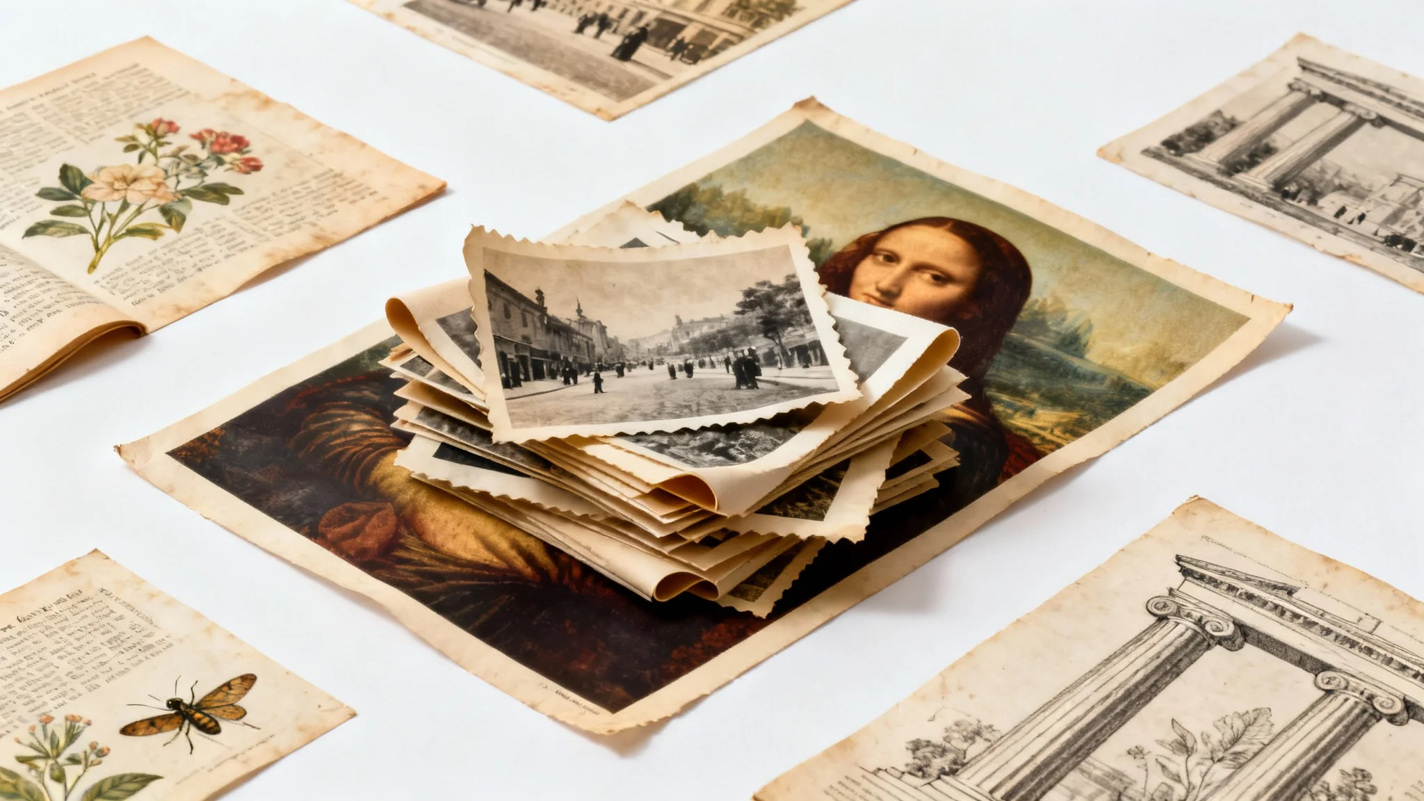 A collection of vintage public domain images, including old photographs, botanical illustrations, and a classic painting, arranged neatly on a white background to represent a vast historical archive.