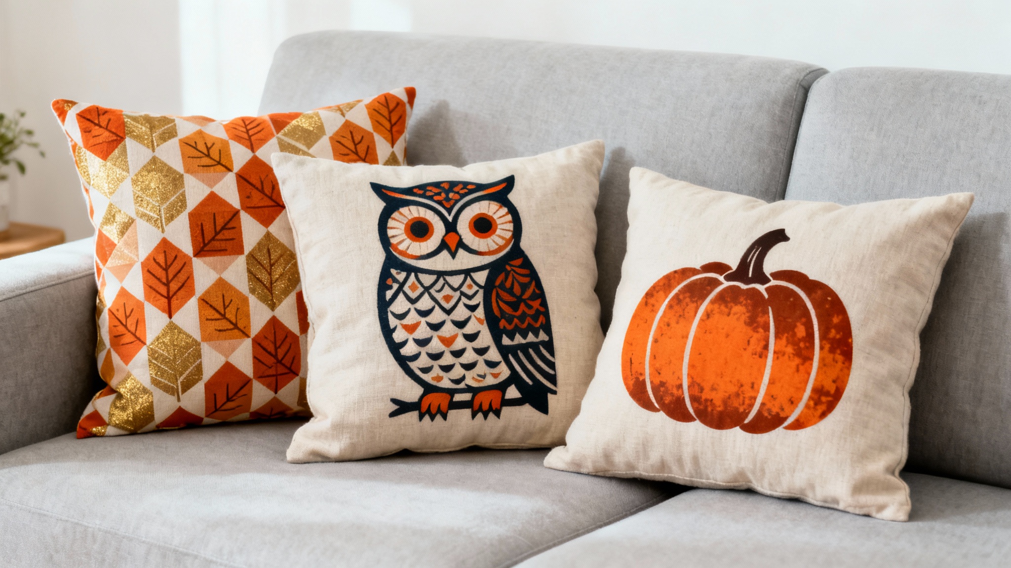 A professional product photograph of three custom-designed throw pillows on a light grey sofa. The pillows feature modern autumn designs including a geometric leaf pattern, a stylized owl, and a simple pumpkin graphic, showcasing a high-quality, polished result.