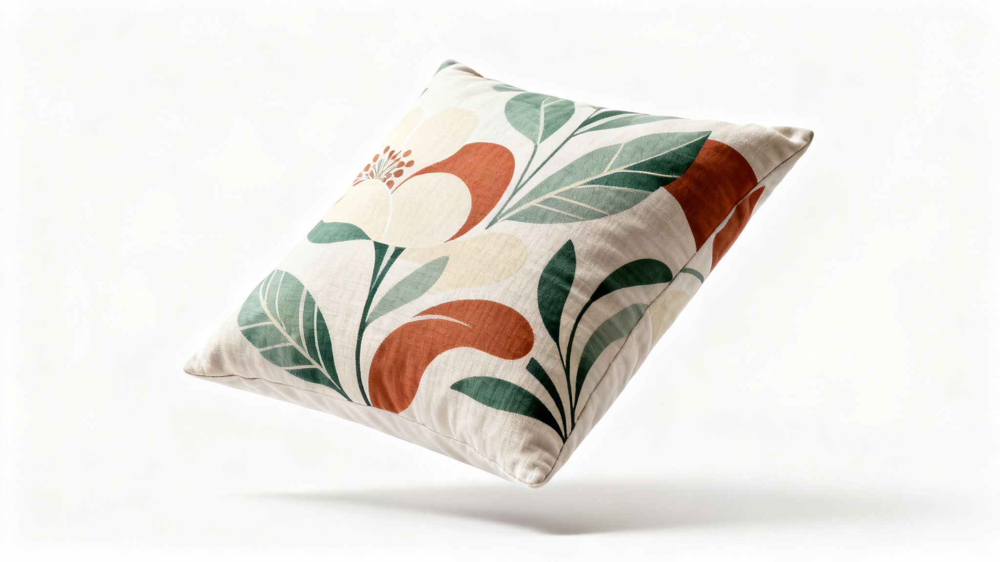 A mockup of a square decorative cushion with a modern abstract botanical print in sage green and terracotta, displayed against a clean white background.