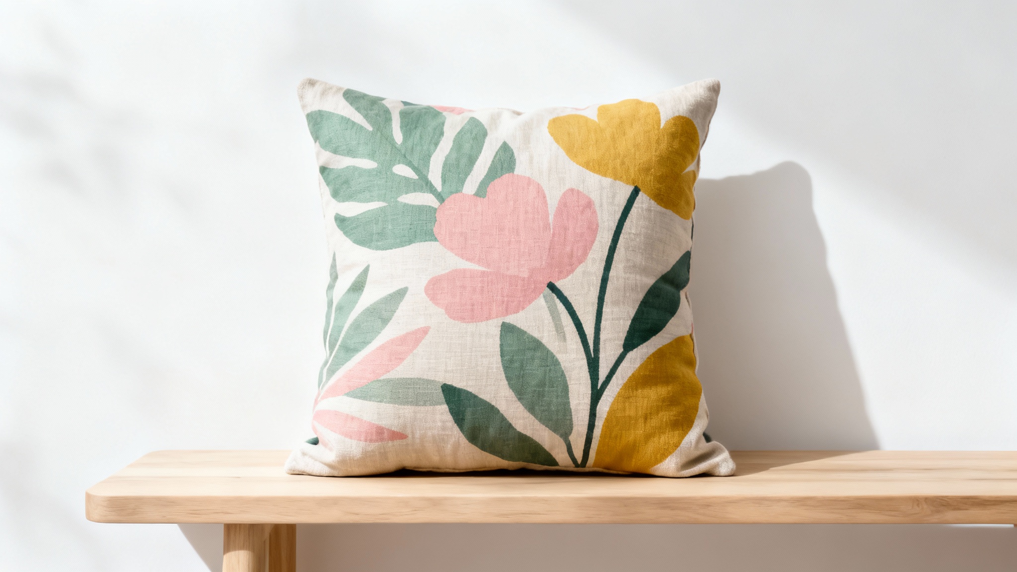 A photorealistic mockup of a stylish, square cushion with a modern botanical design in sage, pink, and yellow, set against a clean white background.