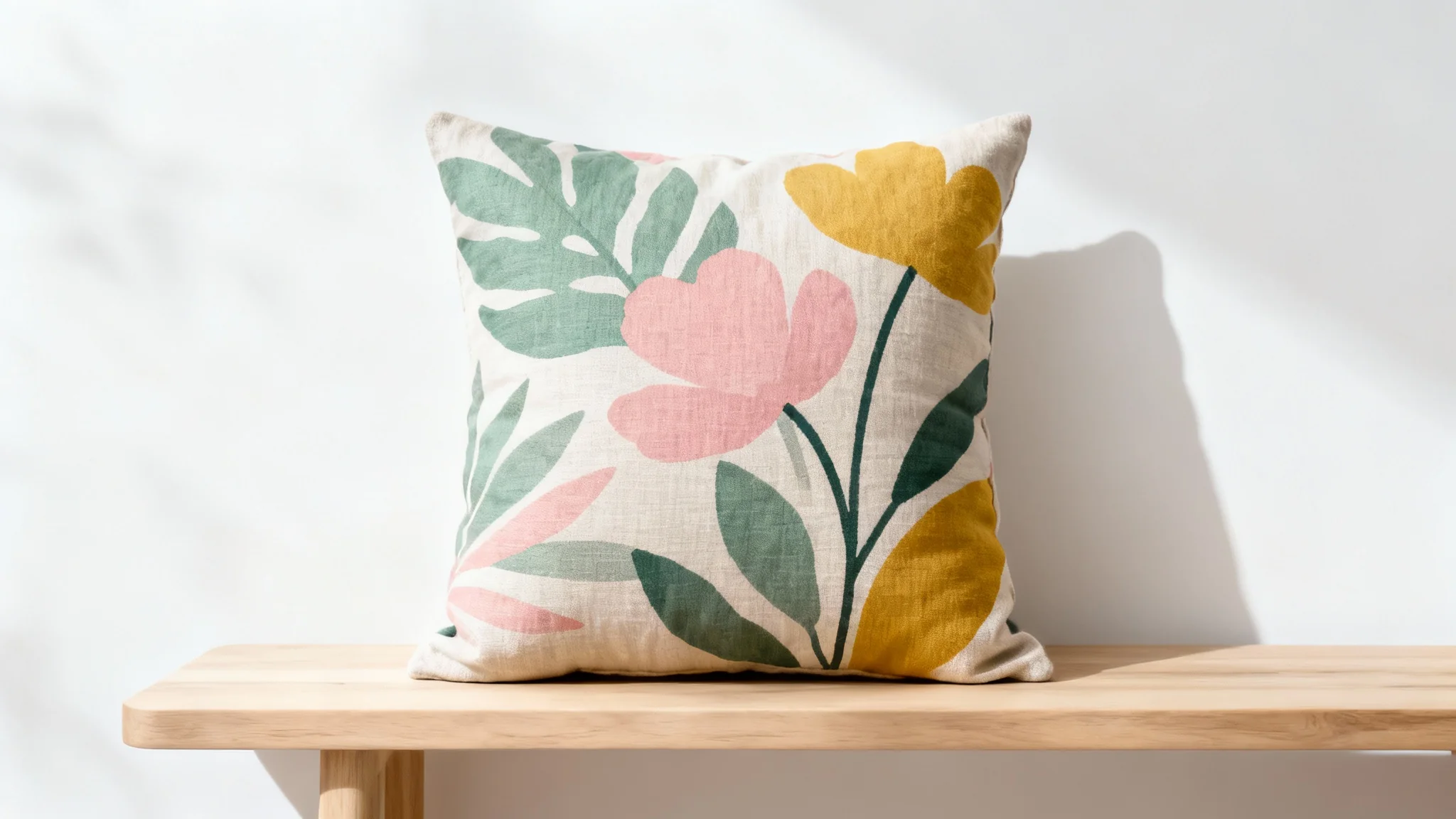 A photorealistic mockup of a stylish, square cushion with a modern botanical design in sage, pink, and yellow, set against a clean white background.