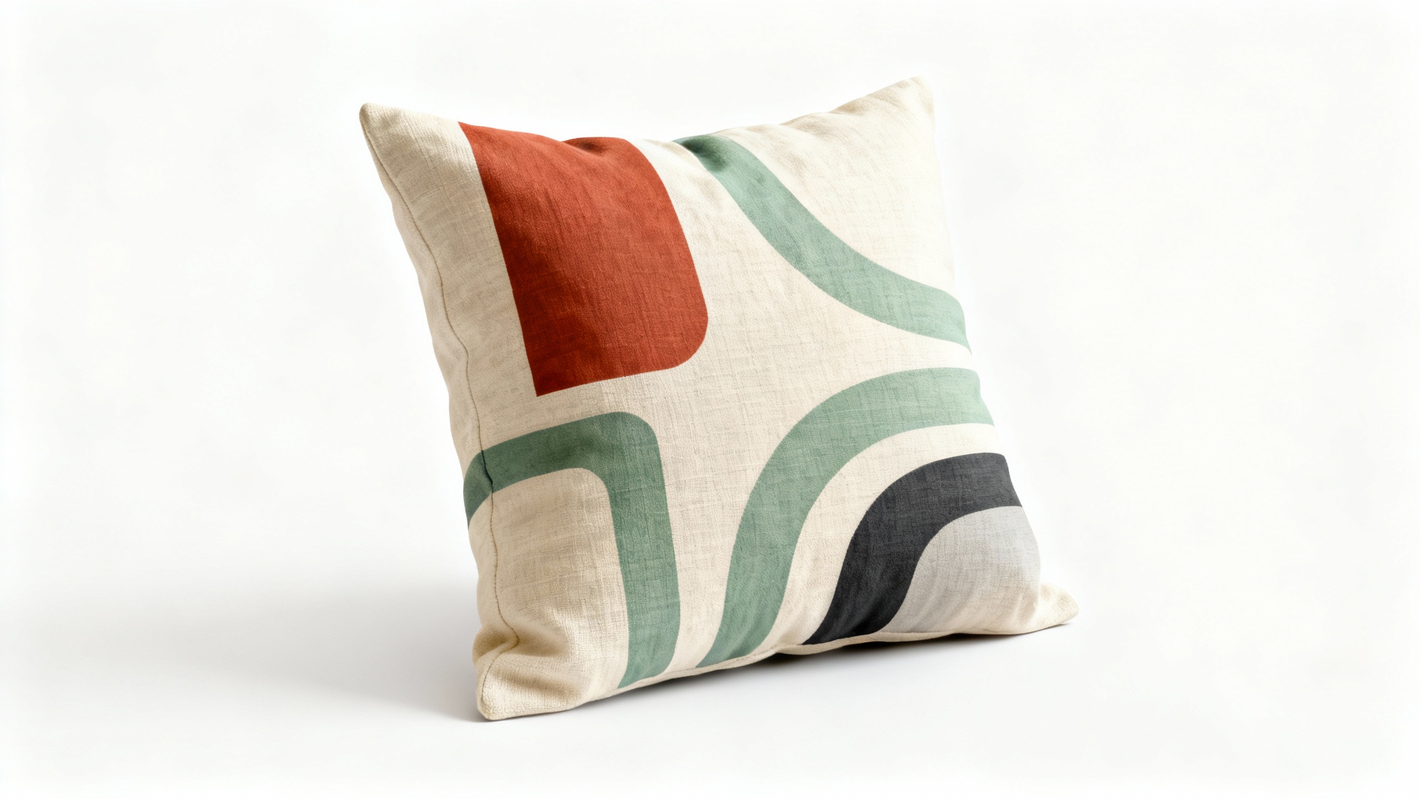 A close-up studio shot of a plush square cushion with a minimalist abstract design in terracotta and sage green, set against a plain white background.