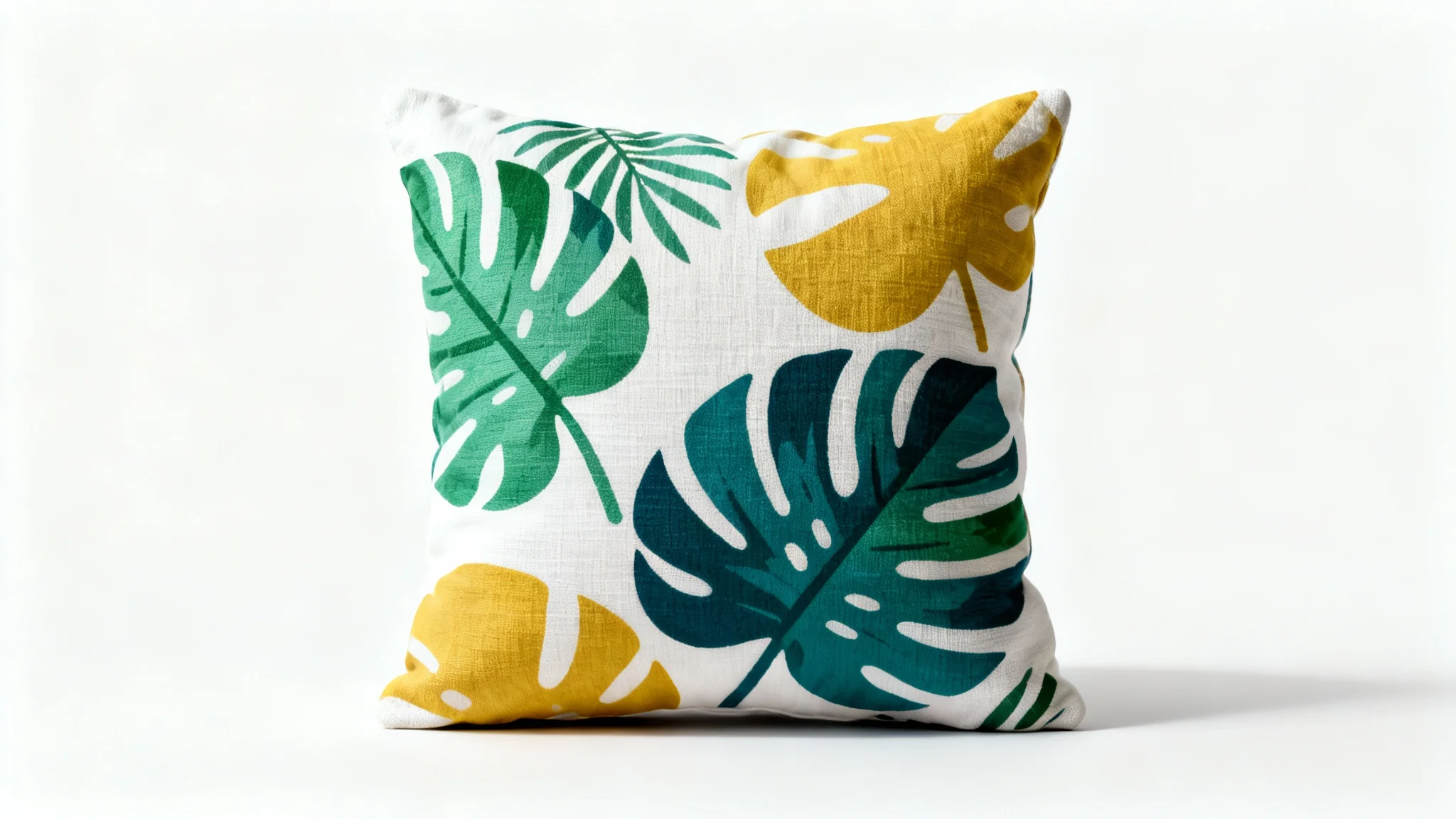 A modern square decorative cushion with a stylish botanical pattern of green and yellow leaves on a textured linen cover, presented as a product mockup on a plain white background.