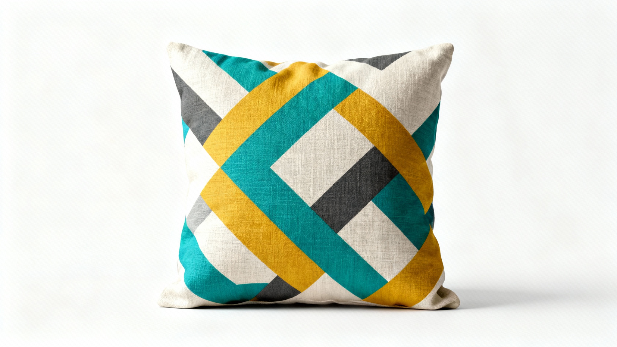 A close-up product shot of a square decorative cushion with a modern, colorful geometric design, set against a clean white background.