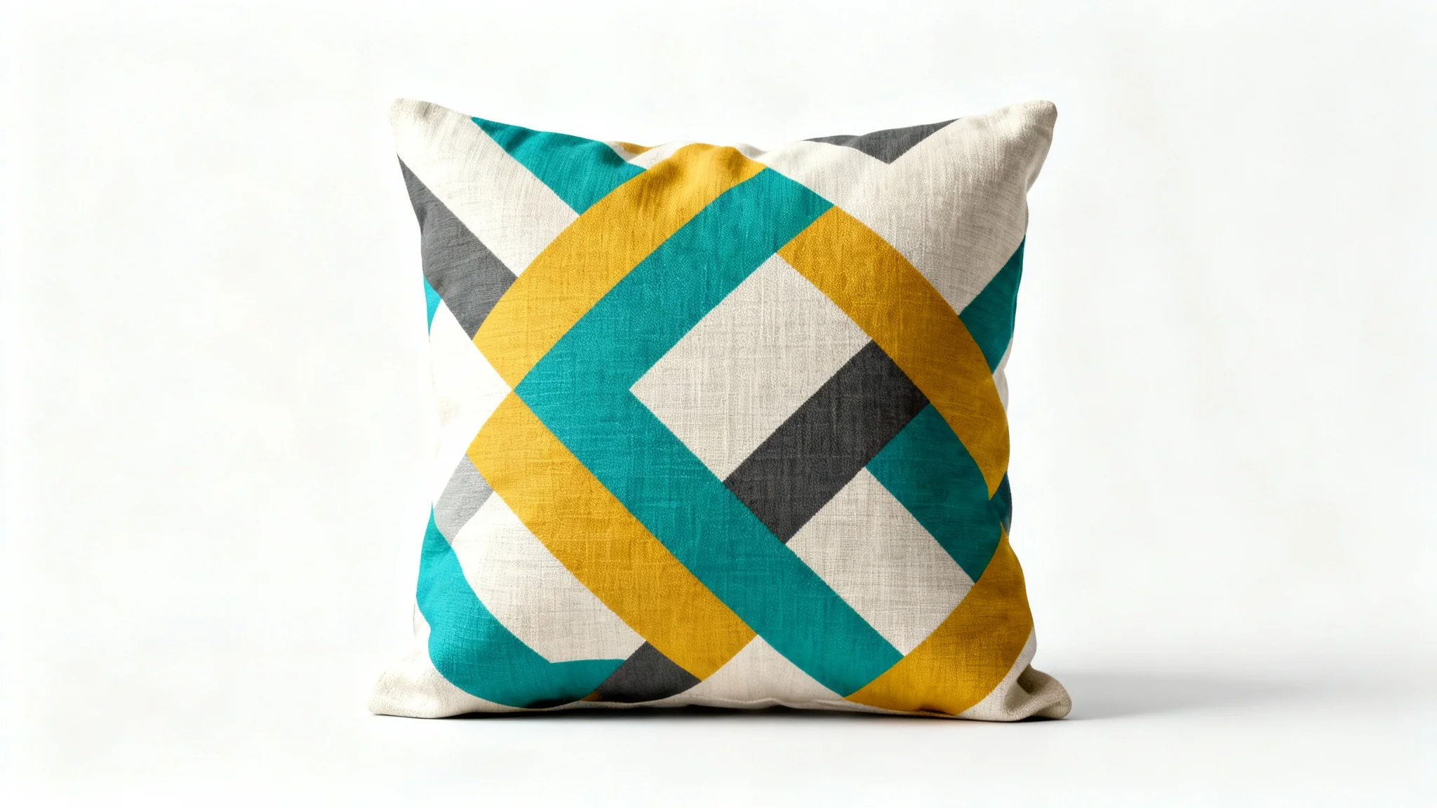 A close-up product shot of a square decorative cushion with a modern, colorful geometric design, set against a clean white background.