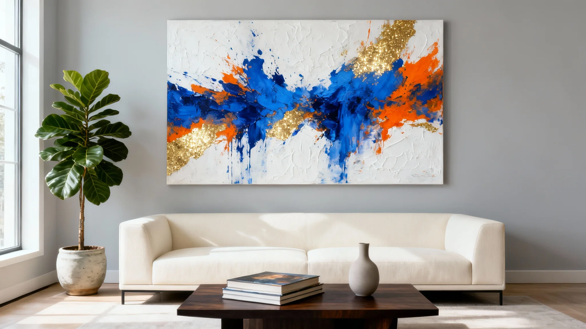 A beautifully styled modern living room with a large abstract painting in blue, orange, and gold hanging above a minimalist sofa, demonstrating a professional art mockup.
