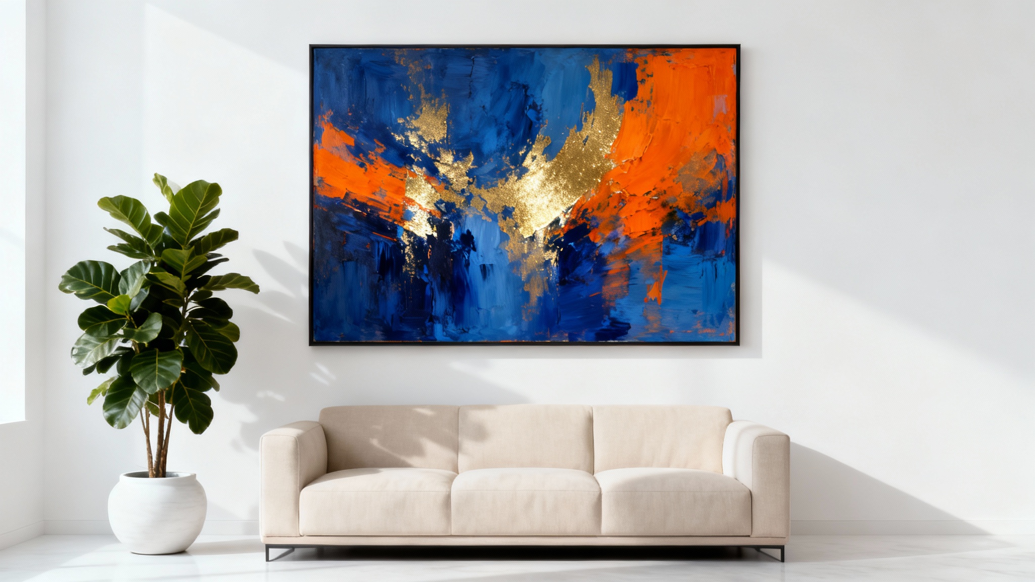 A photorealistic art mockup displaying a large, colorful abstract painting hanging on a white wall in a modern living room above a beige sofa.