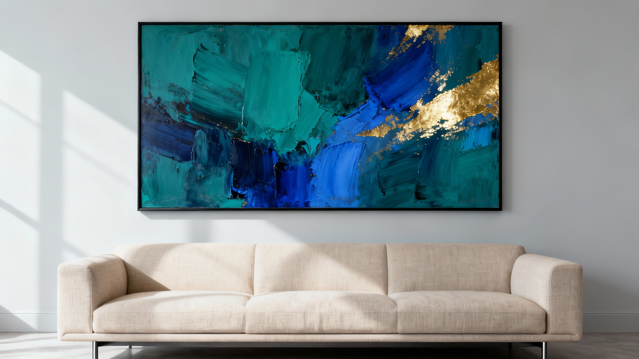 A photorealistic mockup of a modern living room featuring a large abstract painting with blue and gold accents hanging above a stylish beige sofa.