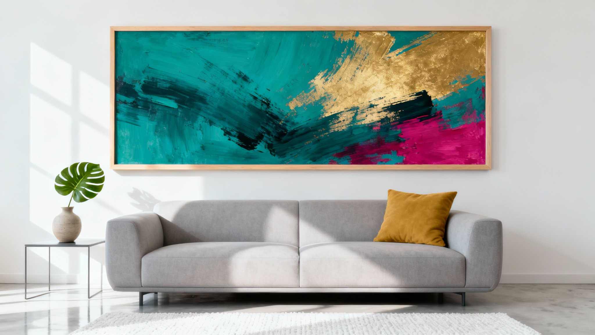 A photorealistic mockup of a modern living room featuring a large, framed abstract painting hanging on an off-white wall above a stylish gray sofa.