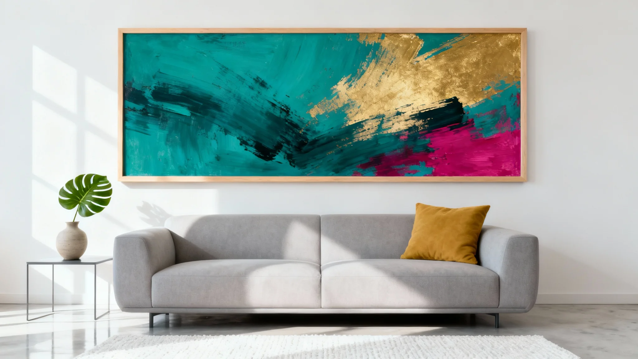 A photorealistic mockup of a modern living room featuring a large, framed abstract painting hanging on an off-white wall above a stylish gray sofa.