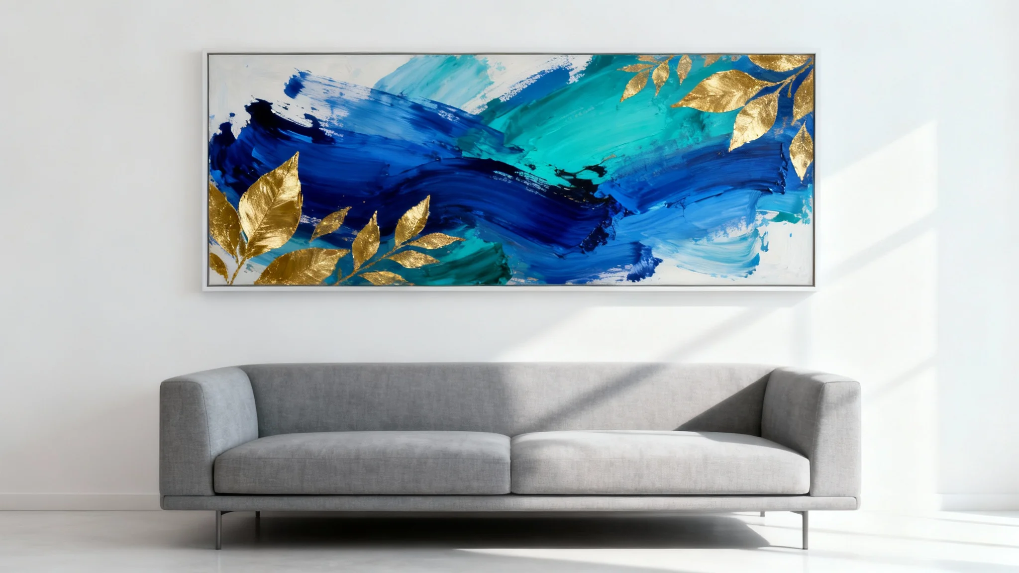 A mockup of a large abstract painting with blue and gold accents hanging on the wall of a modern, minimalist living room above a gray sofa.