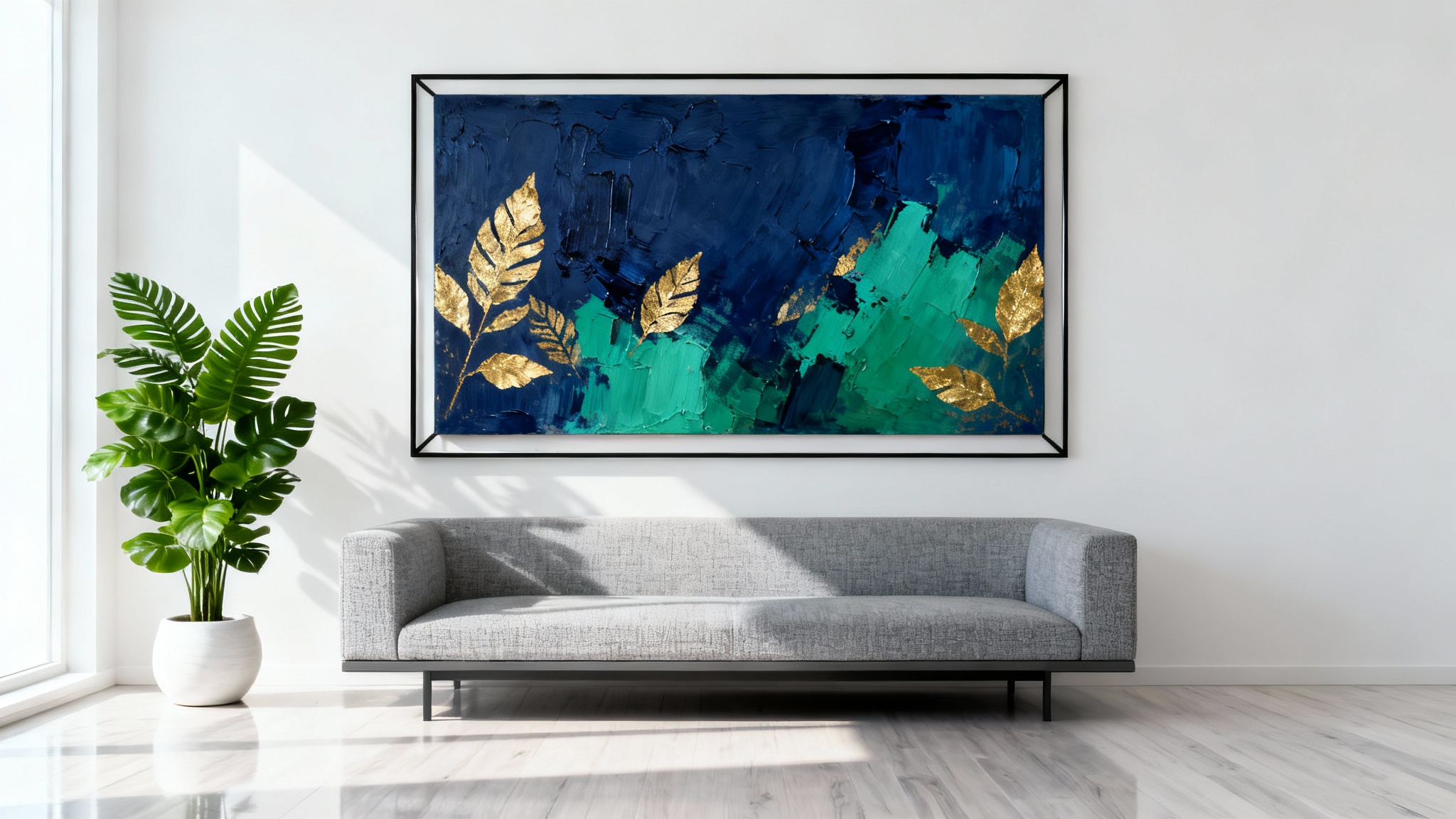 A photorealistic mockup of a modern living room showcasing a large abstract painting with blue, green, and gold tones, hanging on a white wall above a chic gray sofa.