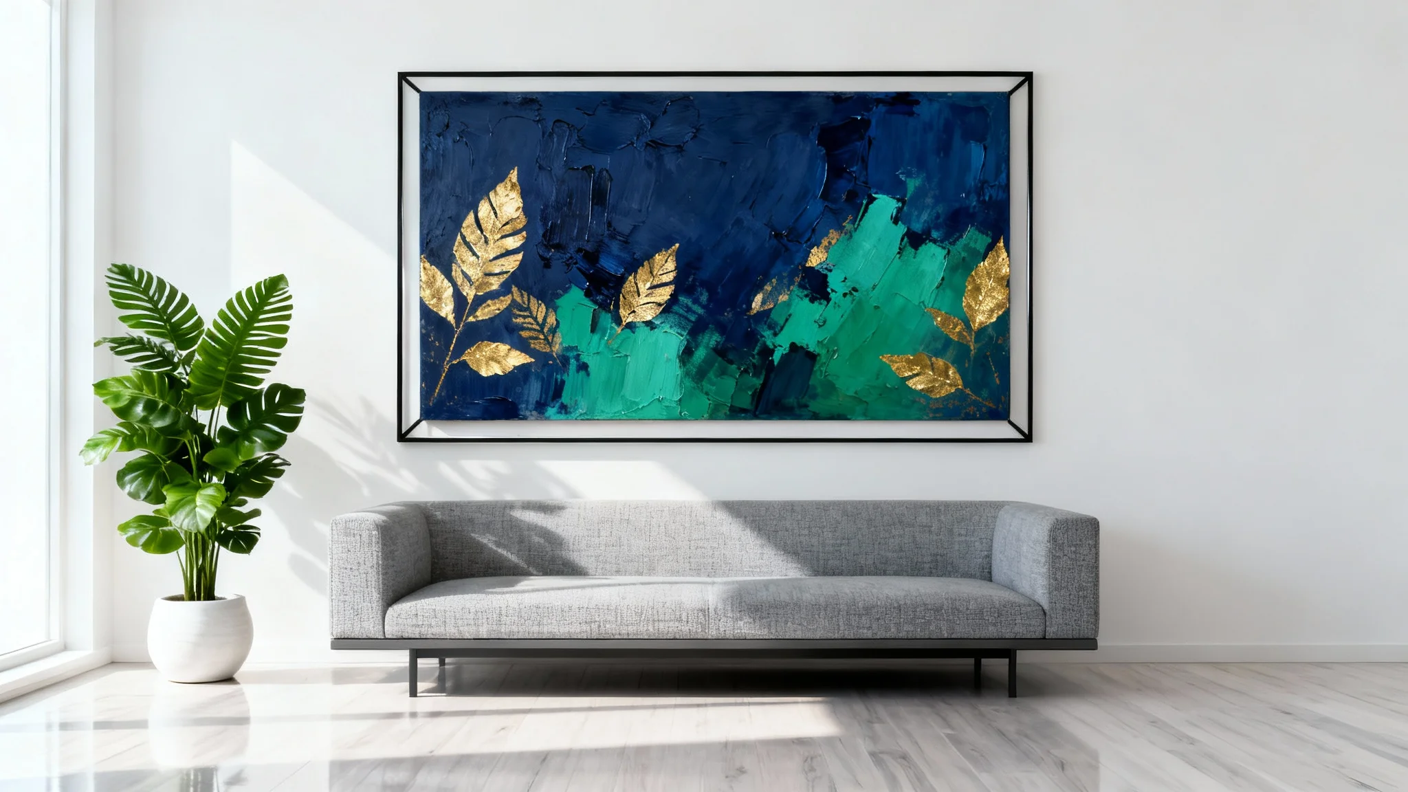 A photorealistic mockup of a modern living room showcasing a large abstract painting with blue, green, and gold tones, hanging on a white wall above a chic gray sofa.