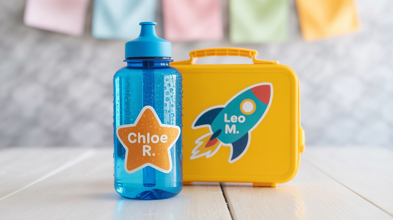 An eye-catching shot of waterproof school labels in use, with a labeled water bottle showing water beading up on the glossy surface, proving its durability.