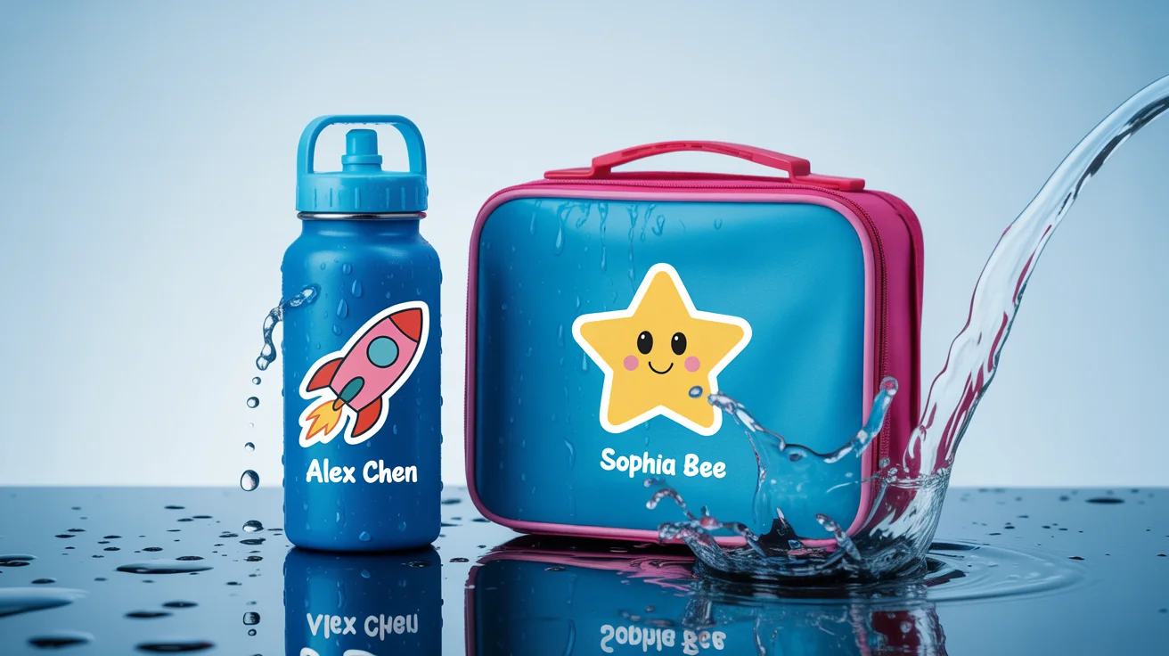 A close-up of a child's water bottle and lunchbox with colorful waterproof name labels, being splashed with water to show they don't get damaged.