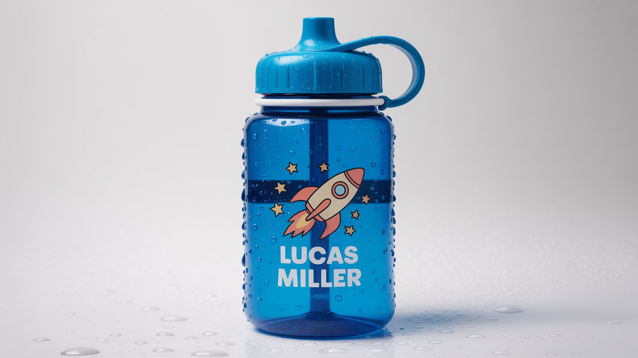 A close-up of a blue children's water bottle with water drops on it, showing a waterproof school label with a rocket ship design and the name 'Lucas Miller'.
