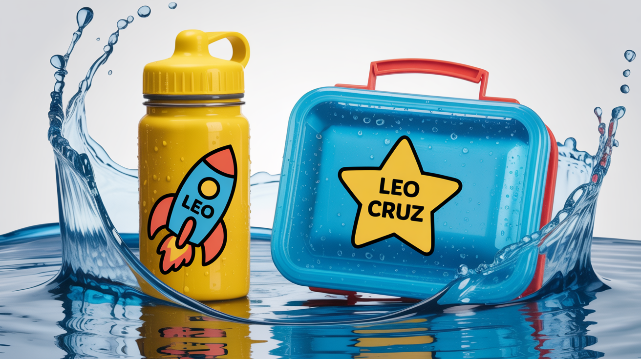 A child's water bottle and lunchbox, with waterproof name labels saying 'Leo Cruz', are being splashed with water to demonstrate that the labels do not smudge or peel.