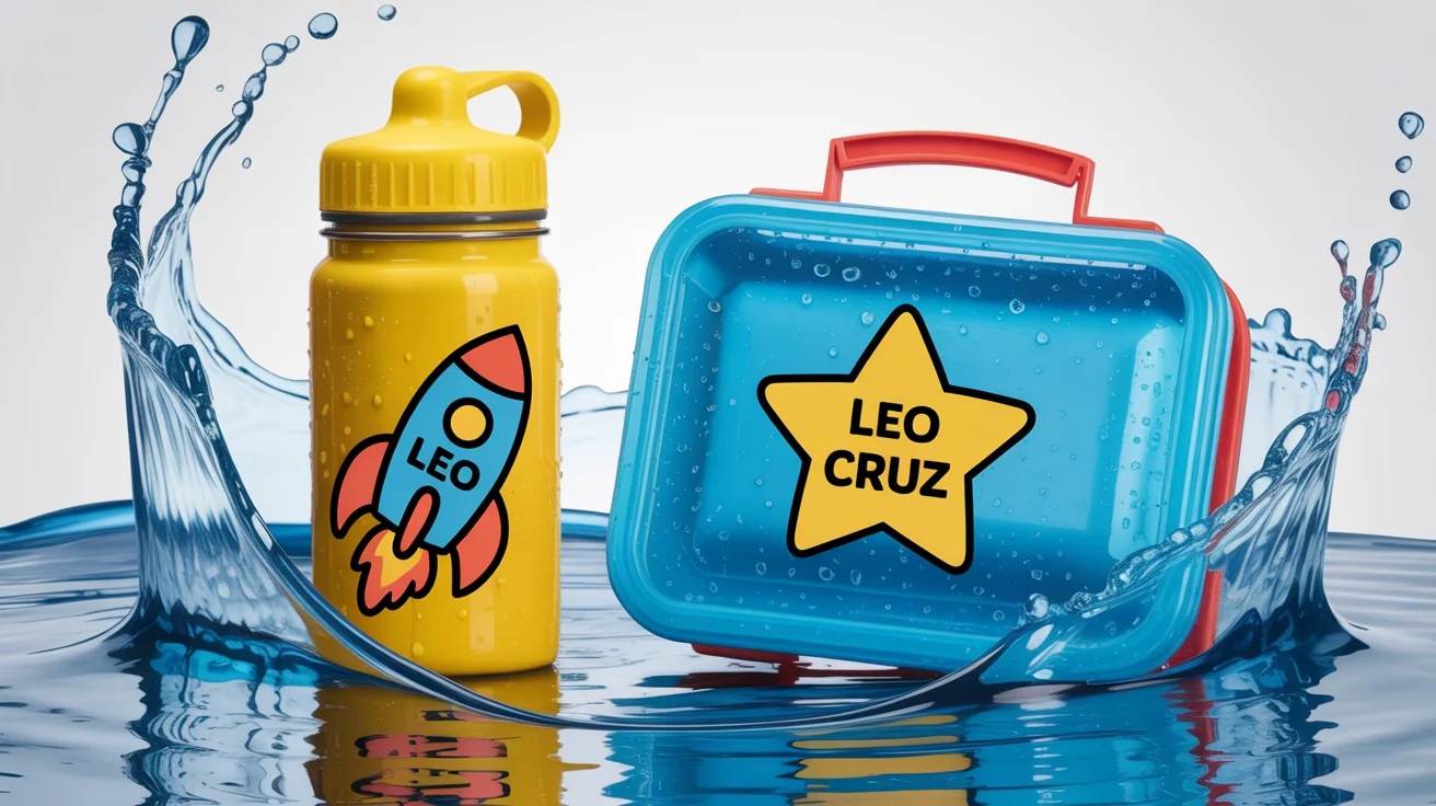 A child's water bottle and lunchbox, with waterproof name labels saying 'Leo Cruz', are being splashed with water to demonstrate that the labels do not smudge or peel.