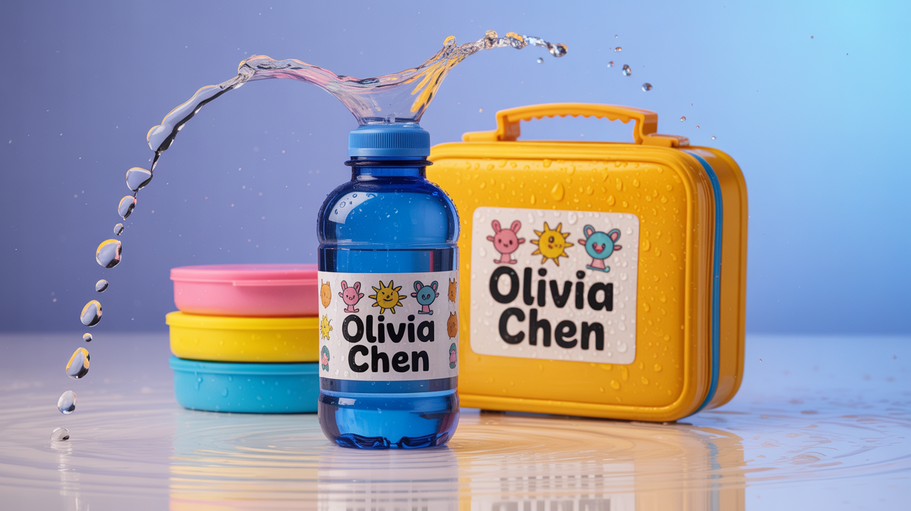 A vibrant blue water bottle and yellow lunchbox with waterproof name labels reading 'Olivia Chen'. Water is splashing onto the labels, but the ink remains clear and unsmudged, highlighting the product's waterproof feature.