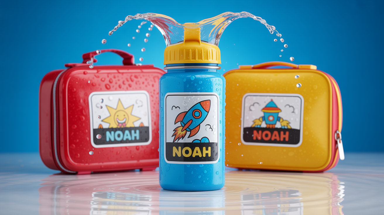 A mockup demonstrating waterproof school labels on a child's water bottle, lunchbox, and pencil case, with water splashing on the bottle's label which remains perfectly intact.